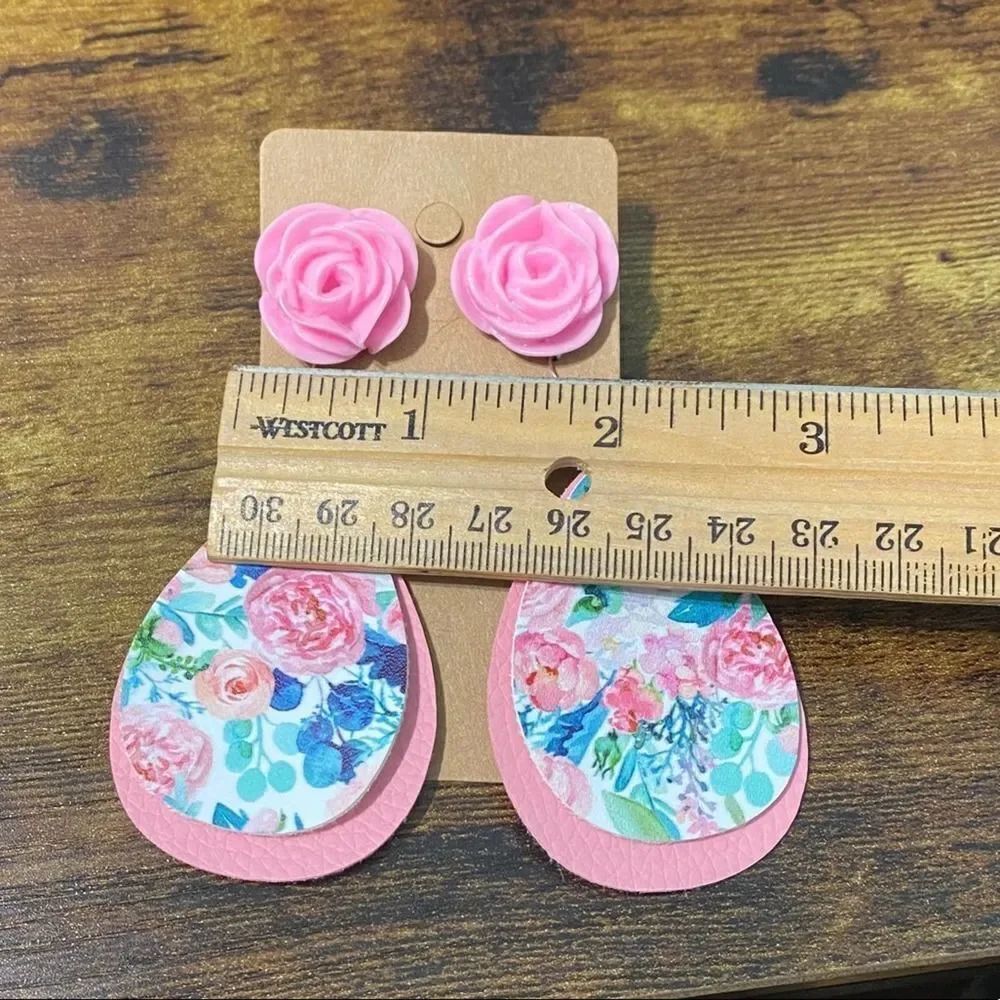Women's Floral Earring Set Pink Rose Studs Rose Dangles Teardrop Dangles Fashion
